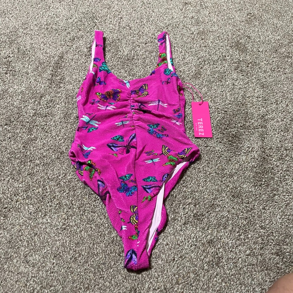 TEREZ Neon Butterflies on Terez Pink Swimsuit One Piece XS NWT
